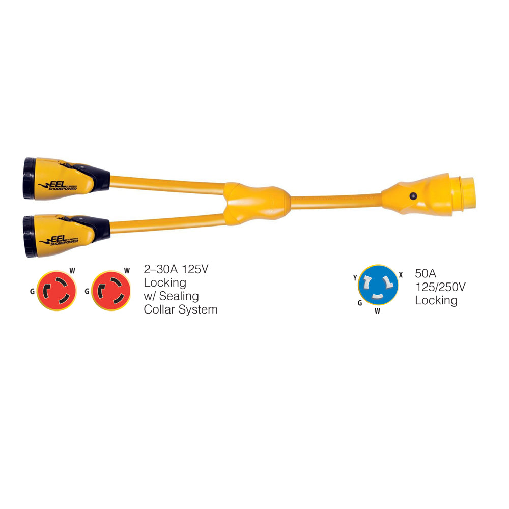 Marinco Y504-2-30 EEL (2)-30A-125V Female to (1)50A-125/250V Male "Y" Adapter - Yellow [Y504-2-30]