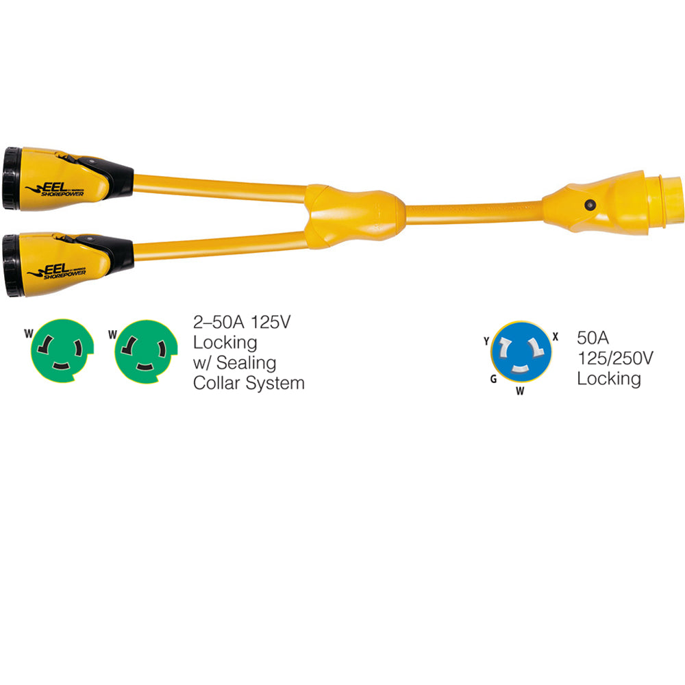 Marinco Y504-2-503 EEL (2)50A-125V Female to (1)50A-125/250V Male "Y" Adapter - Yellow [Y504-2-503]