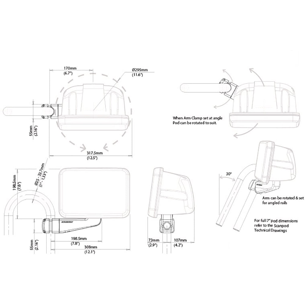 Scanstrut Scanpod 7" Instrument Pod - Uncut - Arm Mounted Fits 1" - 1.3" Rails [SPR-7-AM]