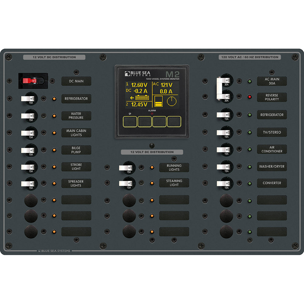 Blue Sea 8413 - Metal AC/DC Panel w/M2 Vessel Systems Monitor  22 Circuit Breakers (15A) [8413]